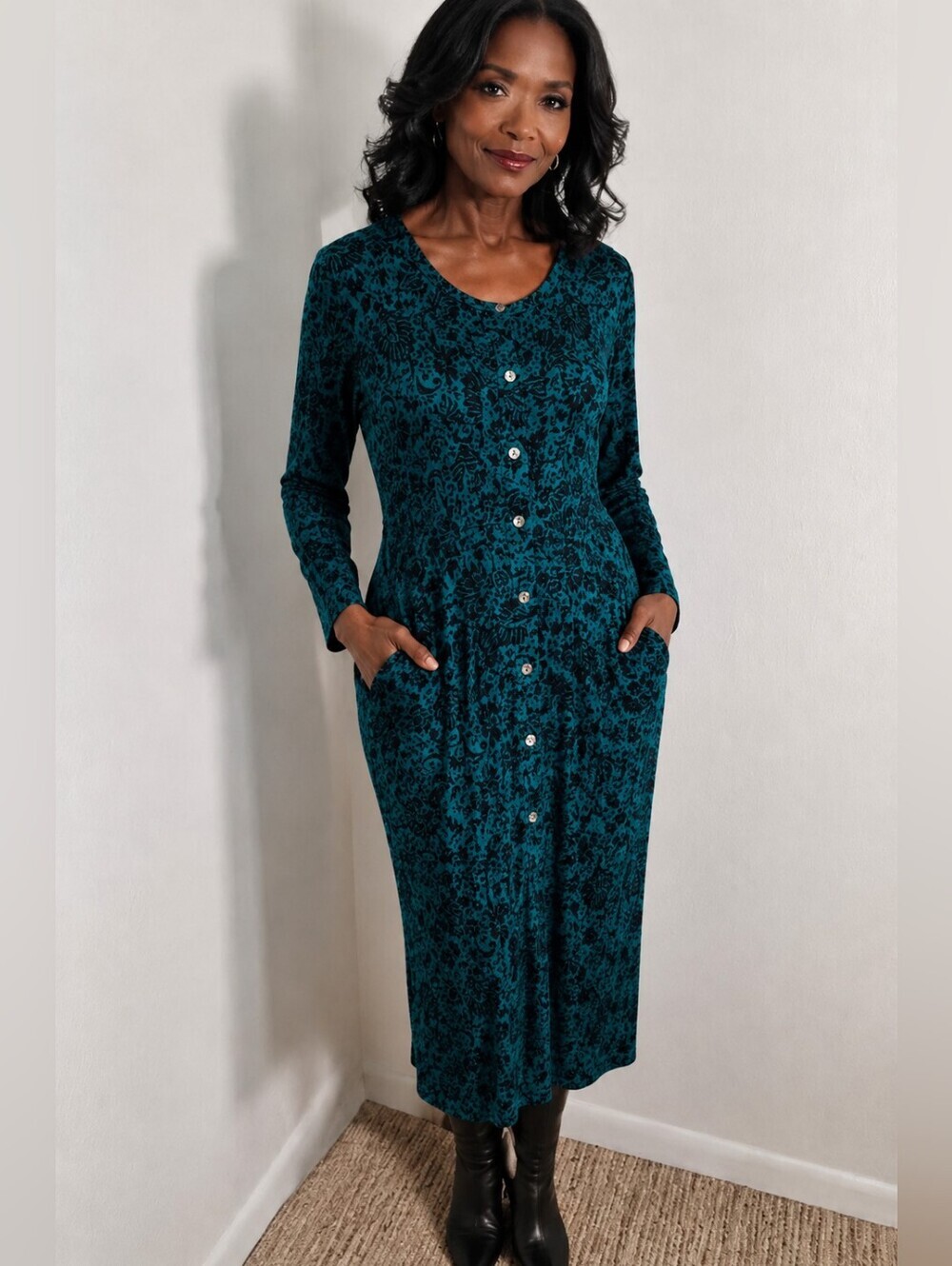 J. Jill Dark Green & Black Viridian Deco Scroll Buttondown Dress, Sz Medium
